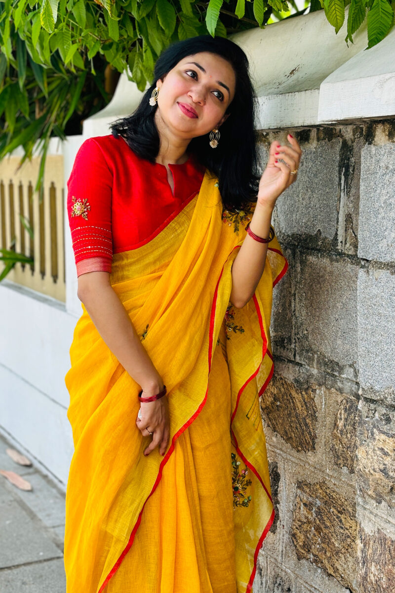 Embroidery Linen Yellow Saree