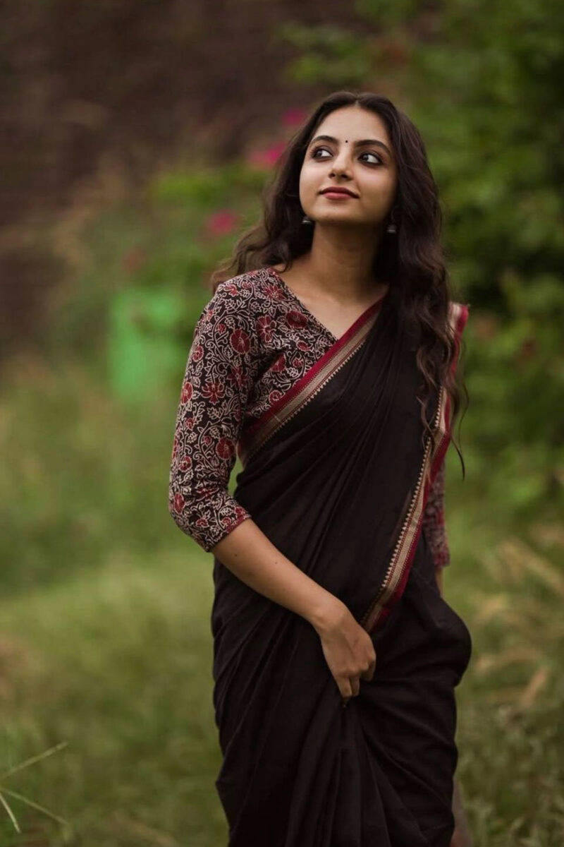 Narayanapet Black Saree with Ajrakh Blouse