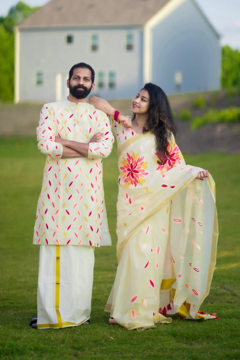 Kerala Embroidery Saree & Shirt Combo