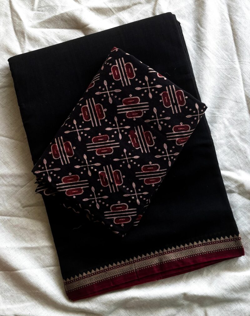 Narayanapet Black Saree with Ajrakh Blouse