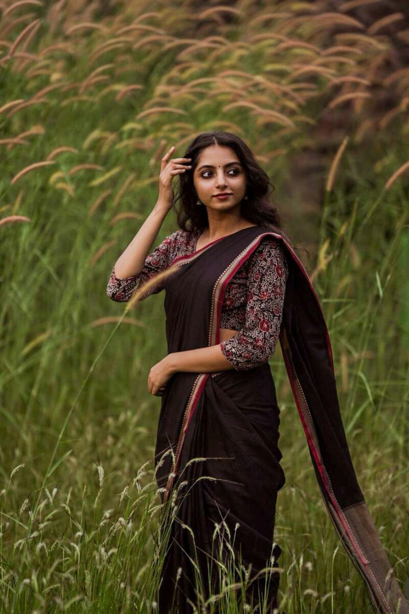 Narayanapet Black Saree with Ajrakh Blouse