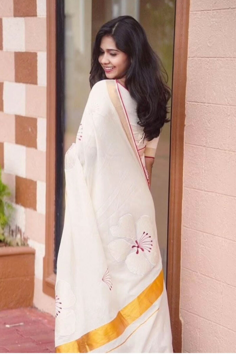 Kasavu Red White Embroidery Saree