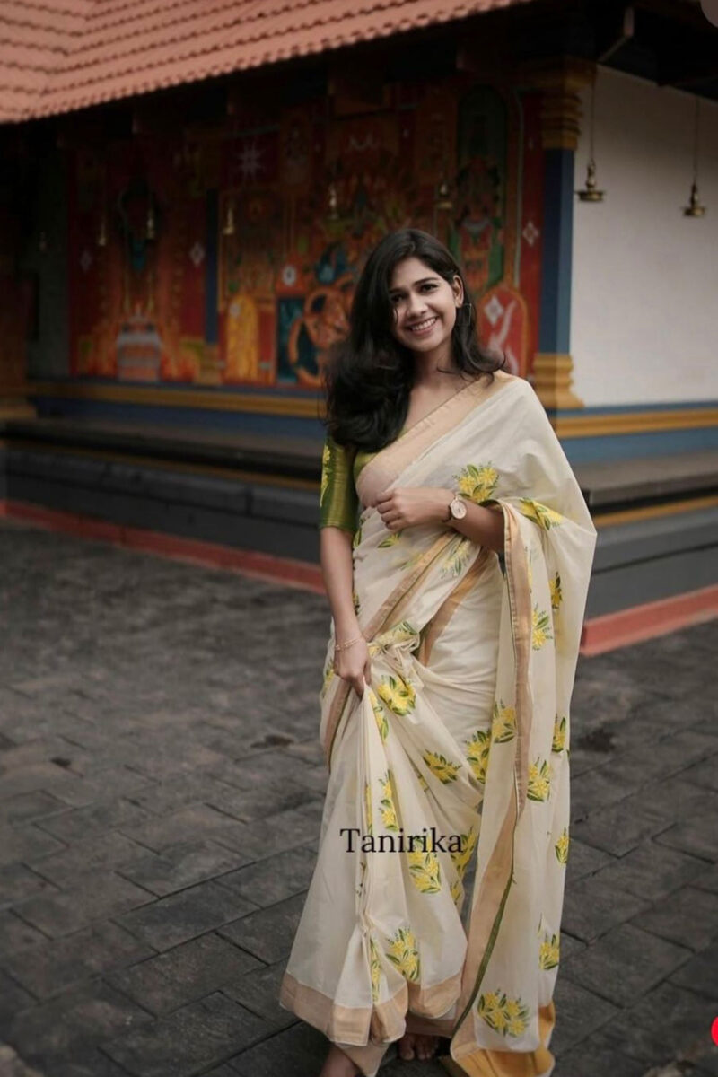 Kasavu Yellow Flower Embroidery Saree