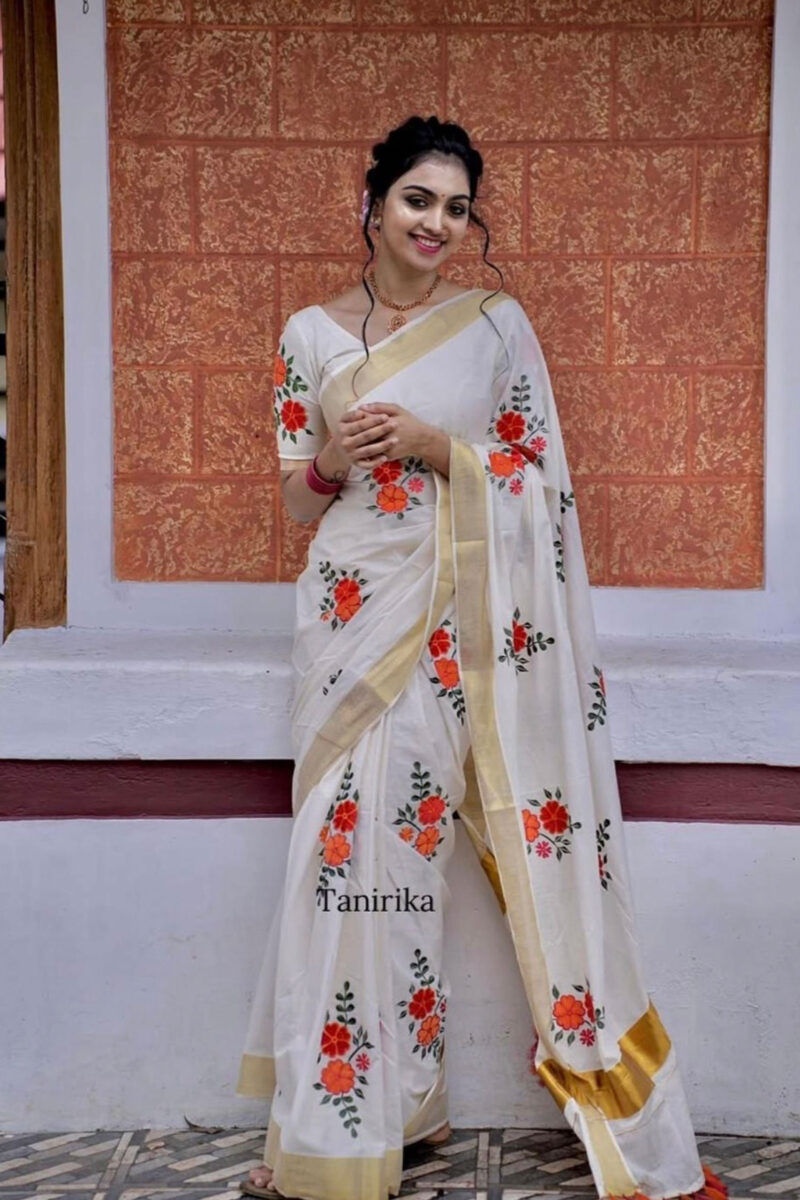 Kasavu Orange Flower Embroidery Saree