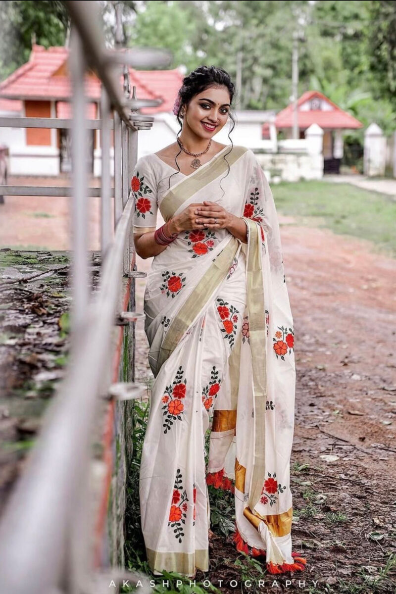 Kasavu Orange Flower Embroidery Saree
