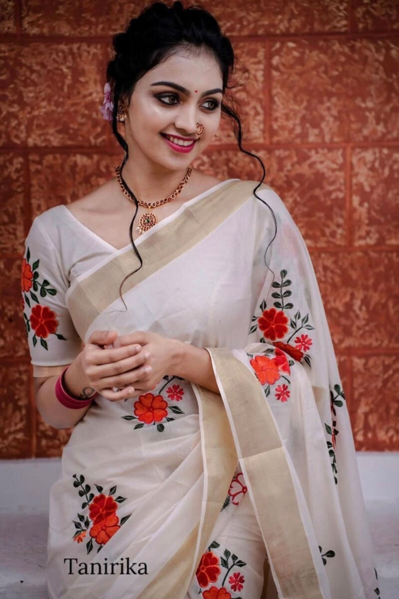 Kasavu Orange Flower Embroidery Saree