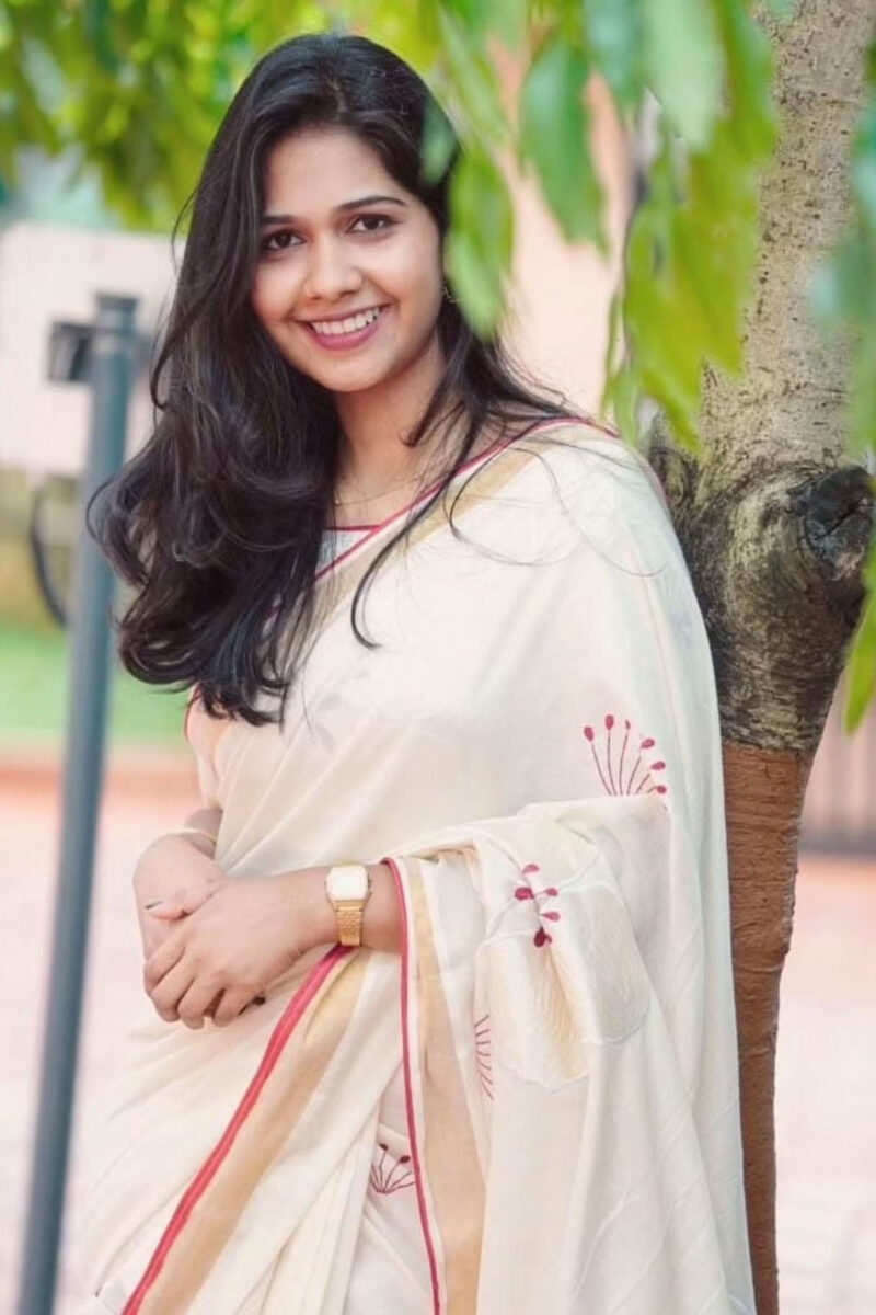 Kasavu Red White Embroidery Saree