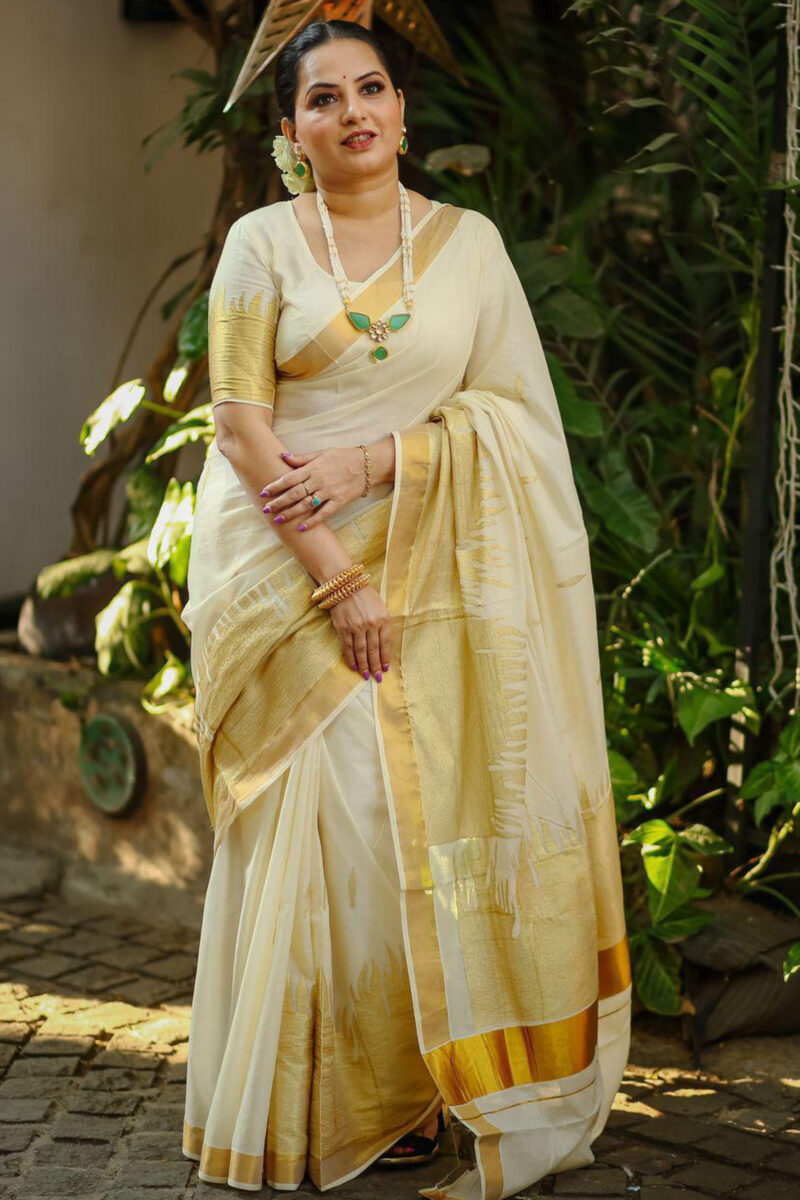 Kasavu Fire Embroidery Saree