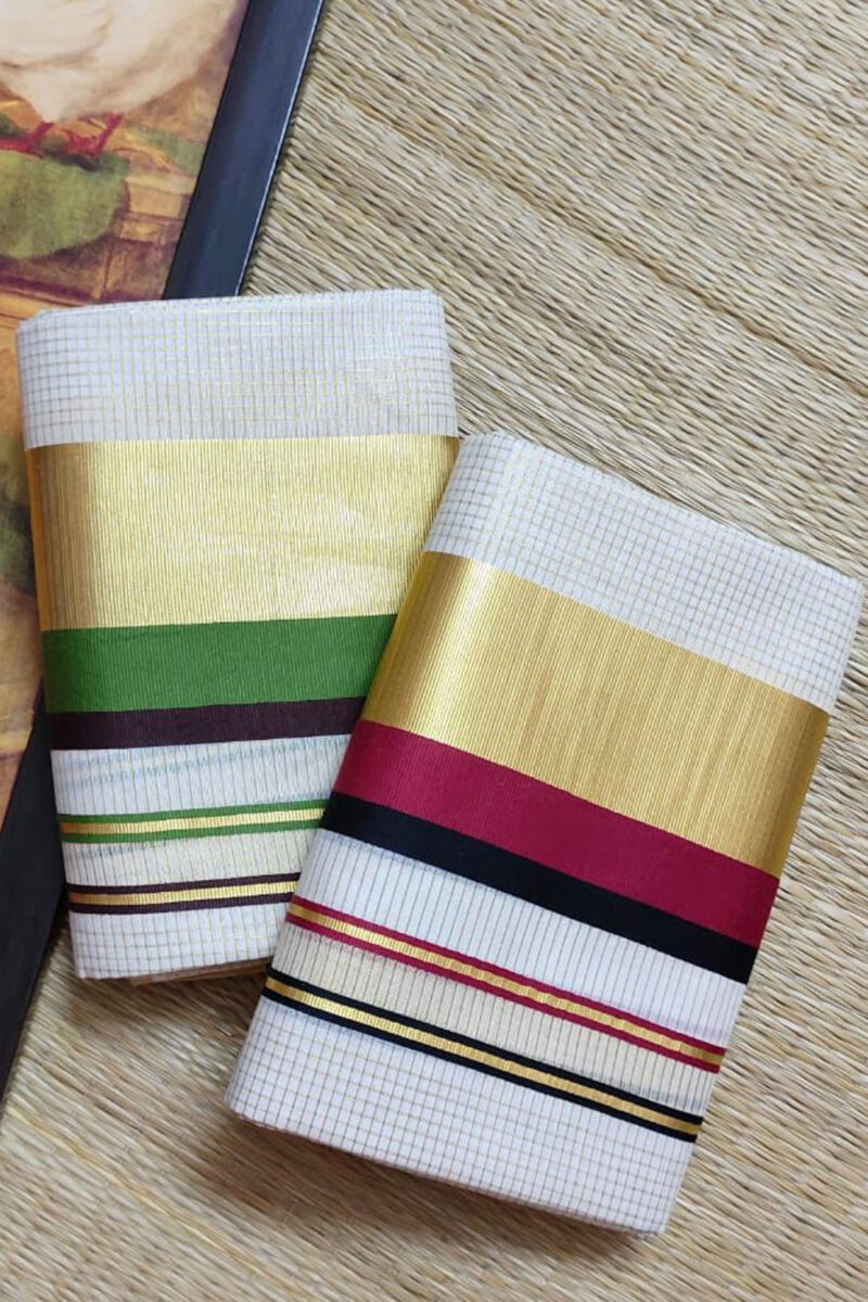 Kasavu Micro Check Colour Border Set Mundu