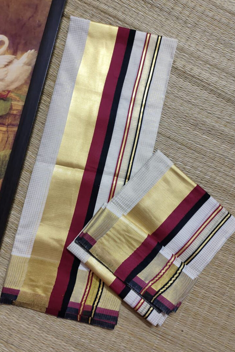 Kasavu Micro Check Colour Border Set Mundu