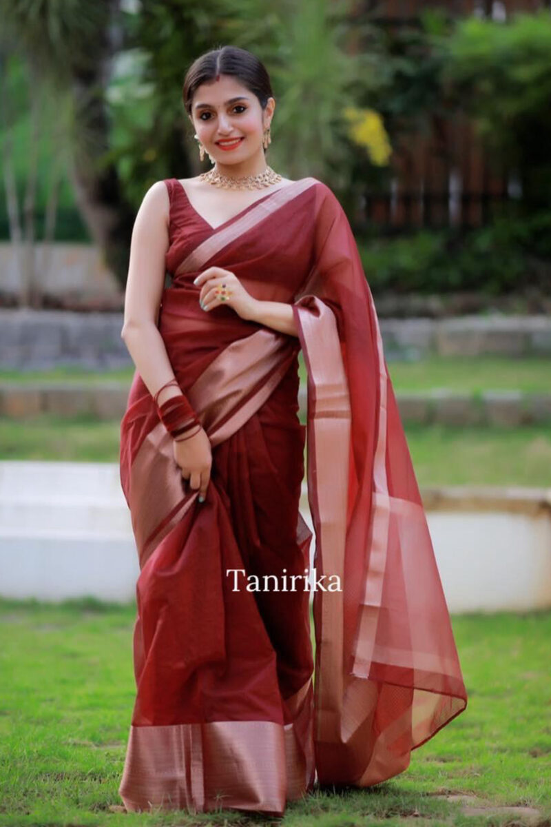 Organza Banarasi Kora Brown Saree
