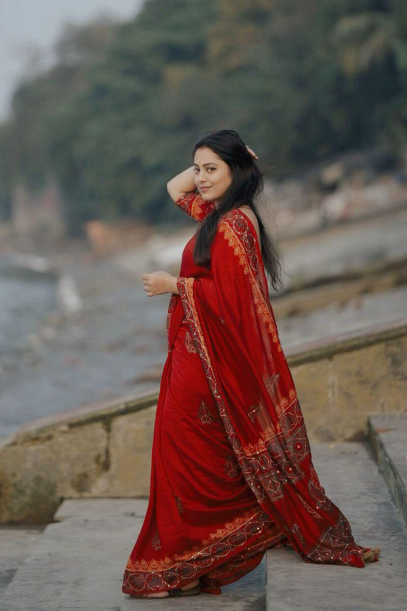 Kantha work Ajrakh Chanderi Saree