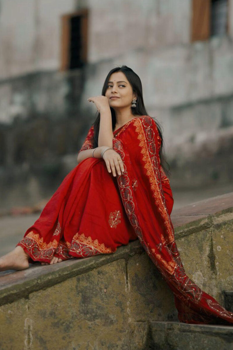 Kantha work Ajrakh Chanderi Saree