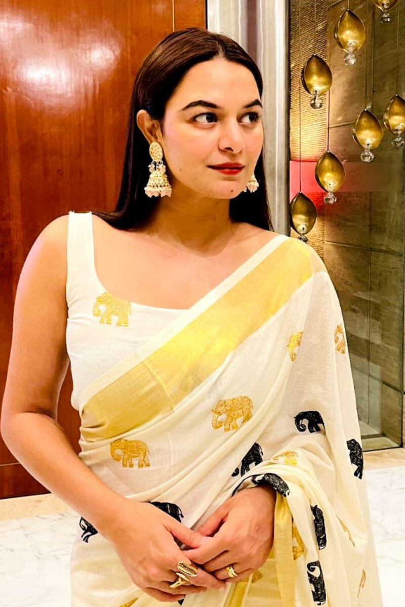 Kasavu Elephant Embroidery Saree