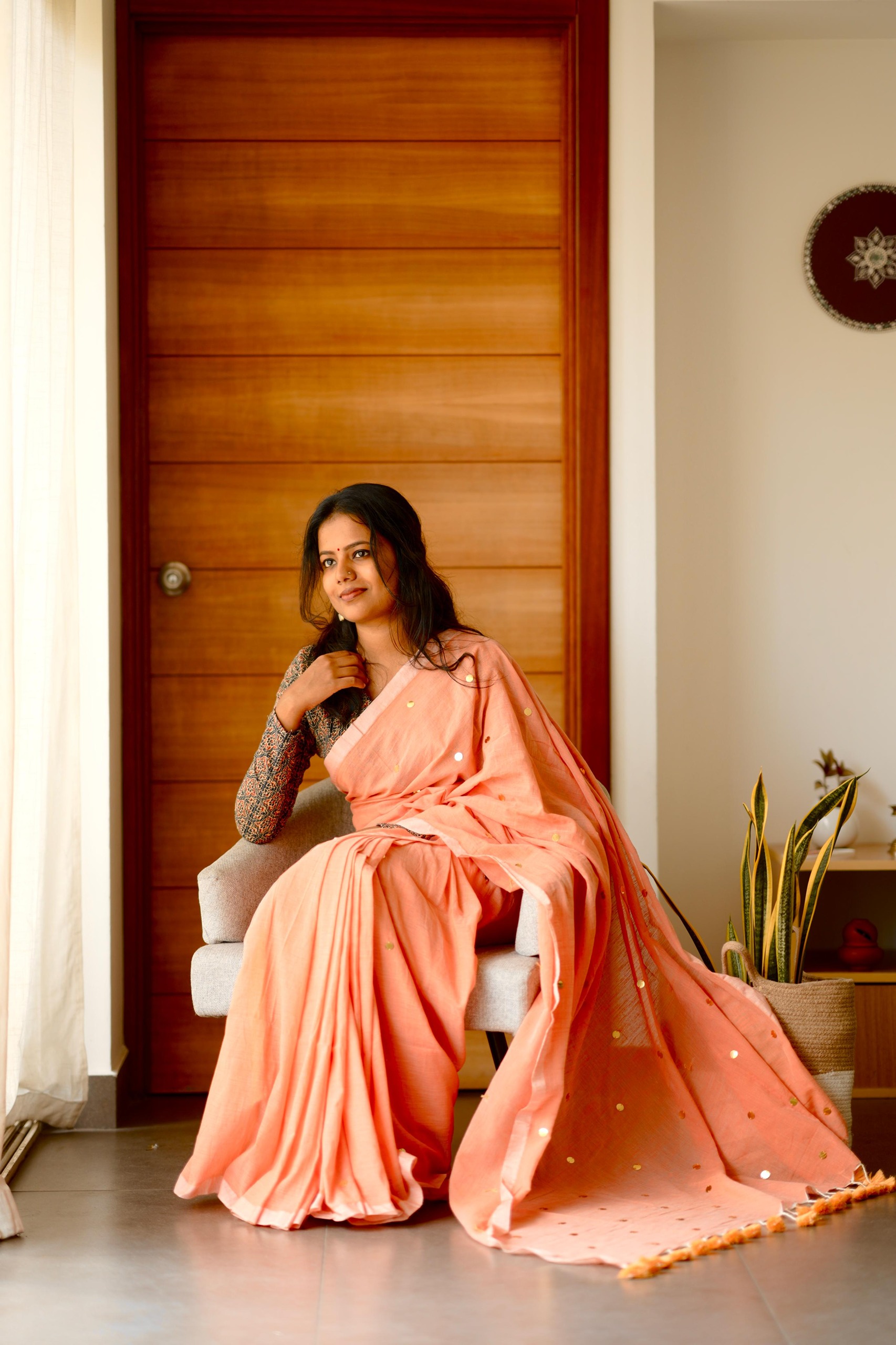 Peach Khadi Cotton Saree