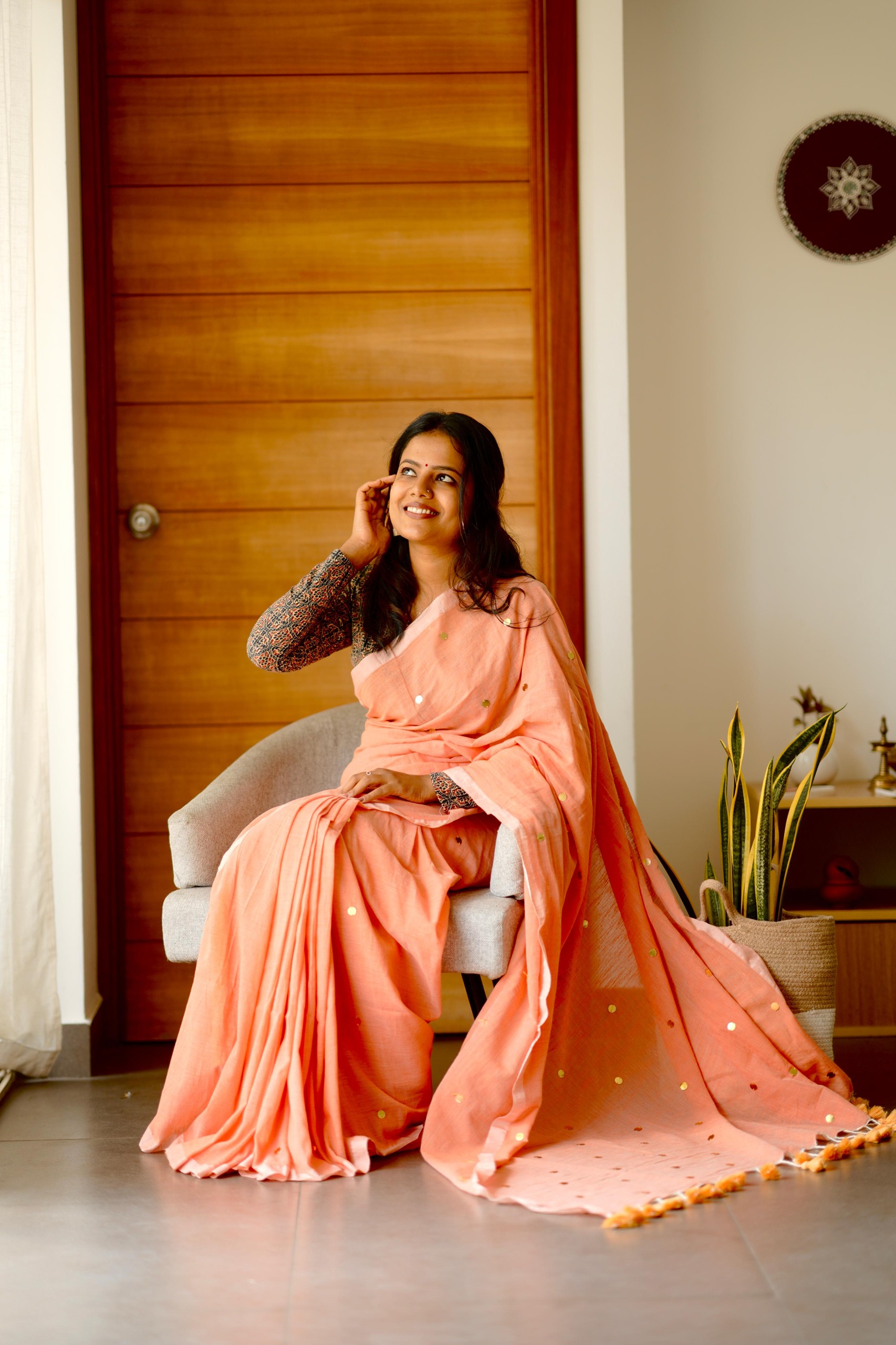 Peach Khadi Cotton Saree