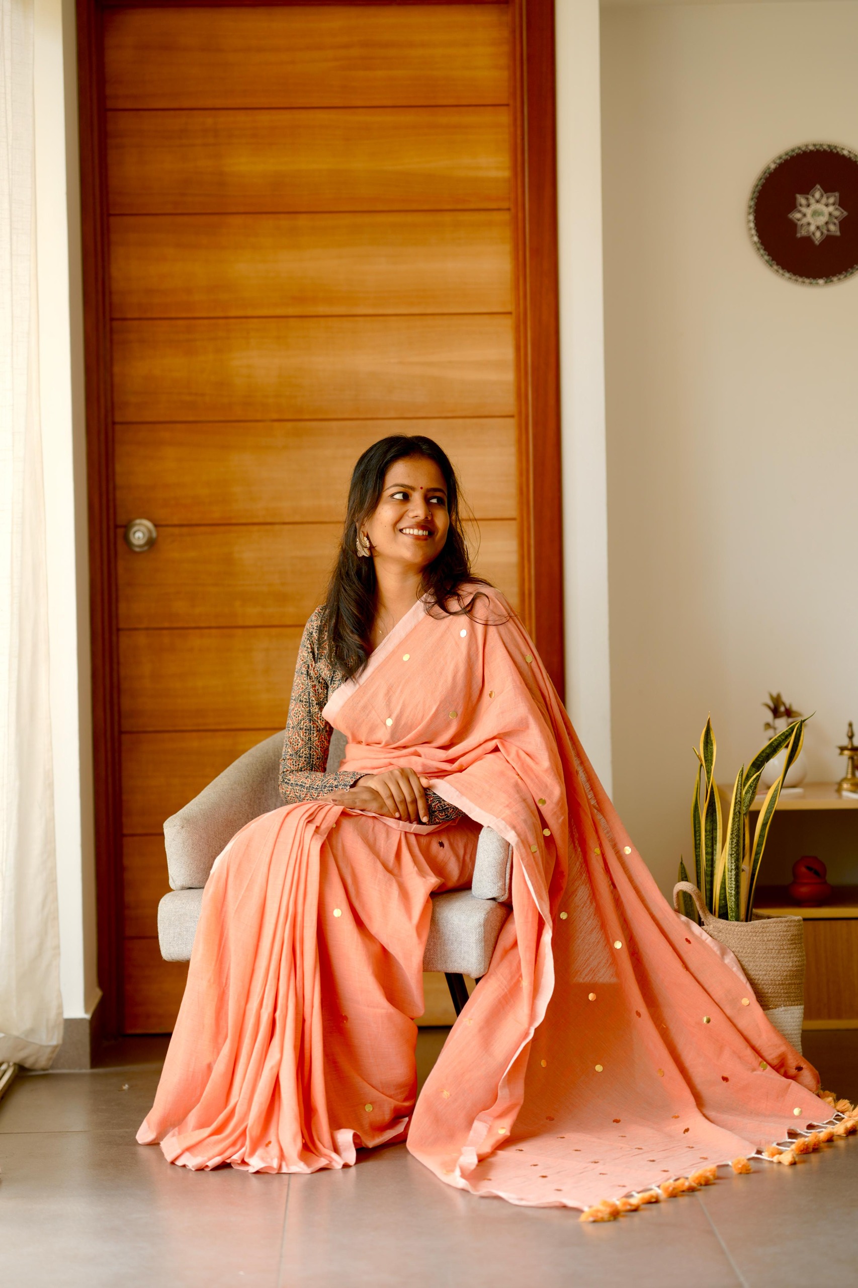 Peach Khadi Cotton Saree