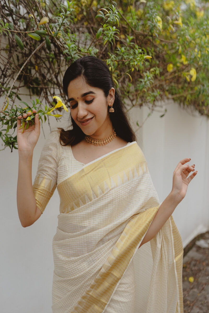Kerala Kasavu Micro Check Cotton Saree