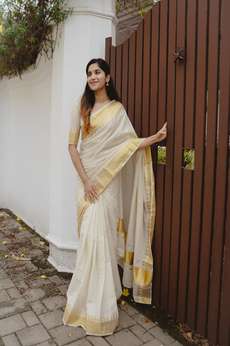 Kerala Kasavu Micro Check Cotton Saree