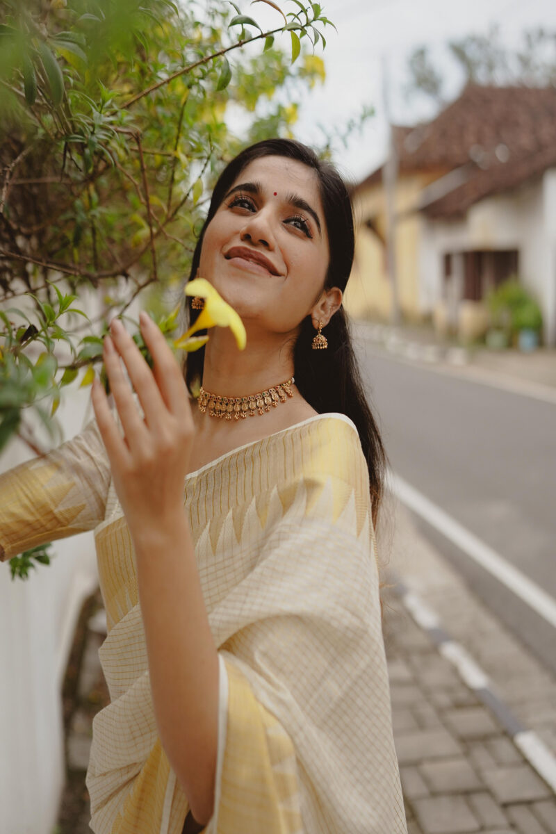 Kerala Kasavu Micro Check Cotton Saree