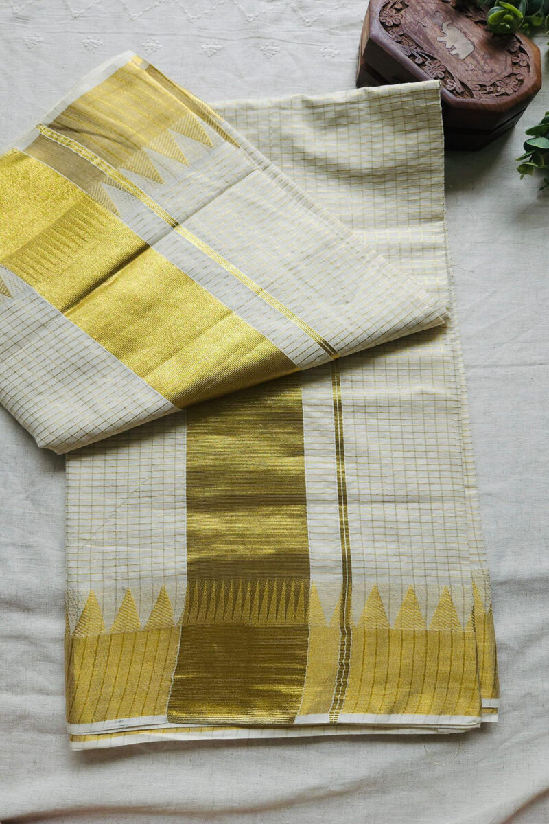 Kerala Kasavu Micro Check Cotton Saree