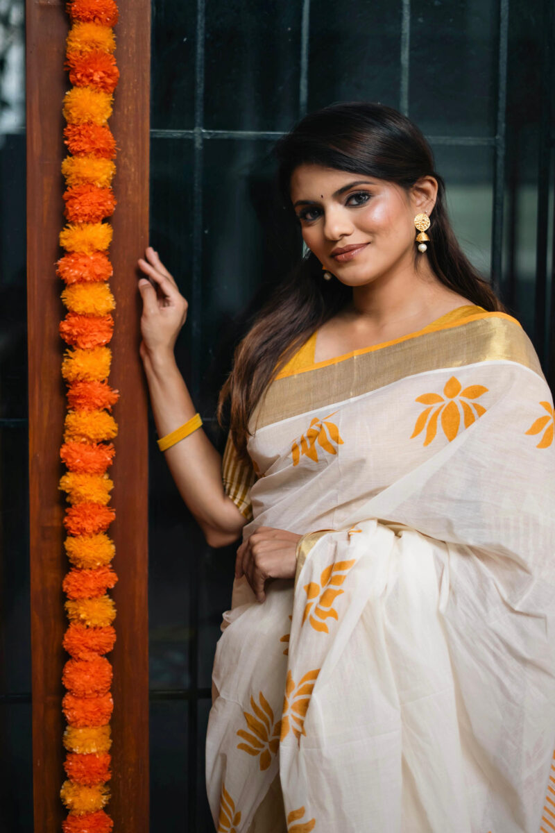 Kerala Kasavu Mustard Yellow Lotus Saree