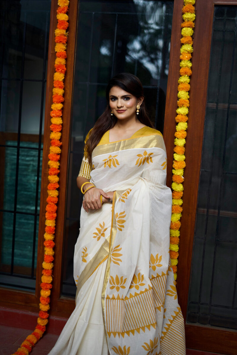 Kerala Kasavu Mustard Yellow Lotus Saree