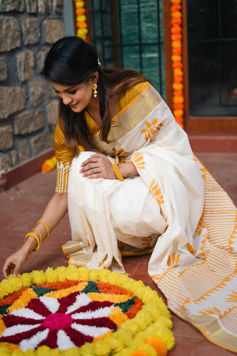 Kerala Kasavu Mustard Yellow Lotus Saree