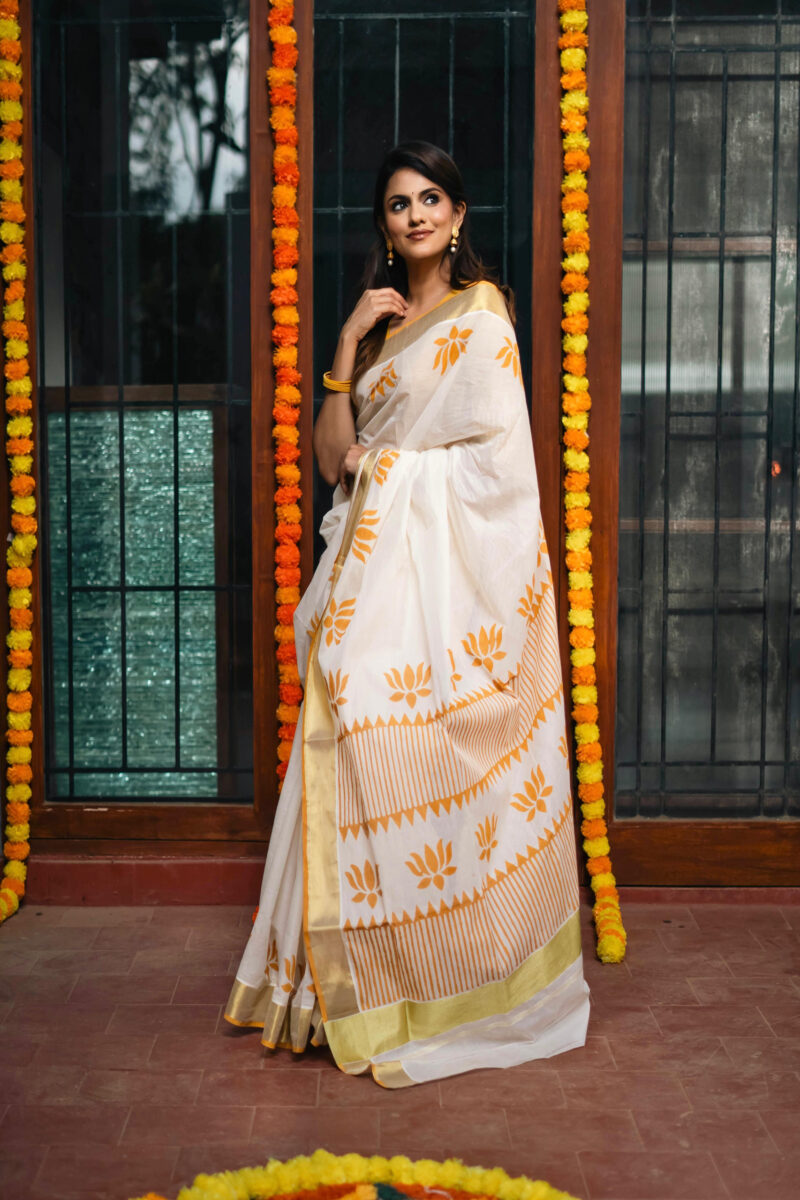 Kerala Kasavu Mustard Yellow Lotus Saree