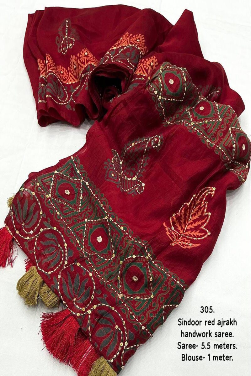 Kantha work Ajrakh Chanderi Saree