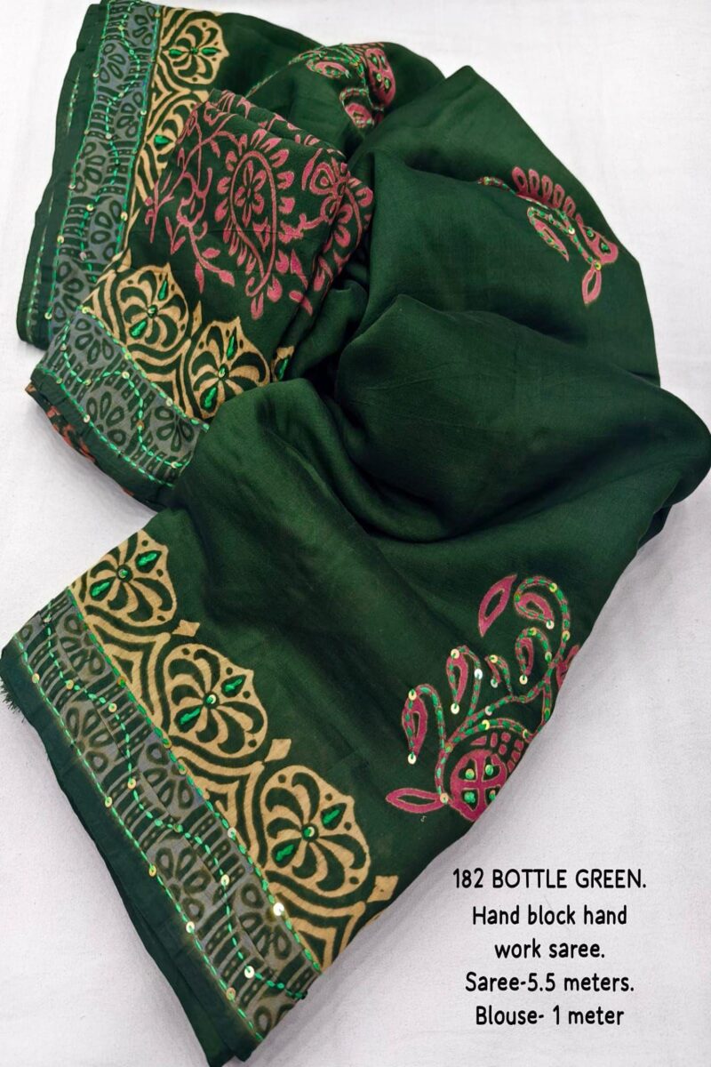 Kantha work Ajrakh Chanderi Saree