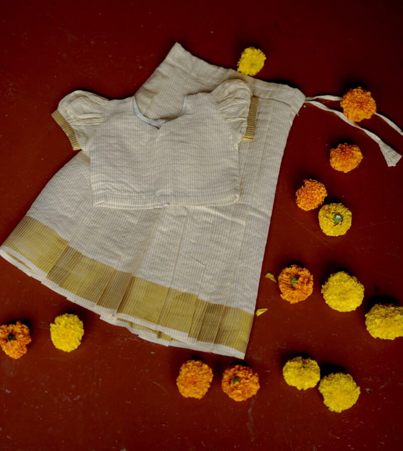 Kerala Kasavu micro check power loom Saree and Men’s Kasavu Kurta  with Baby boy kurta and Baby girl skirt and top