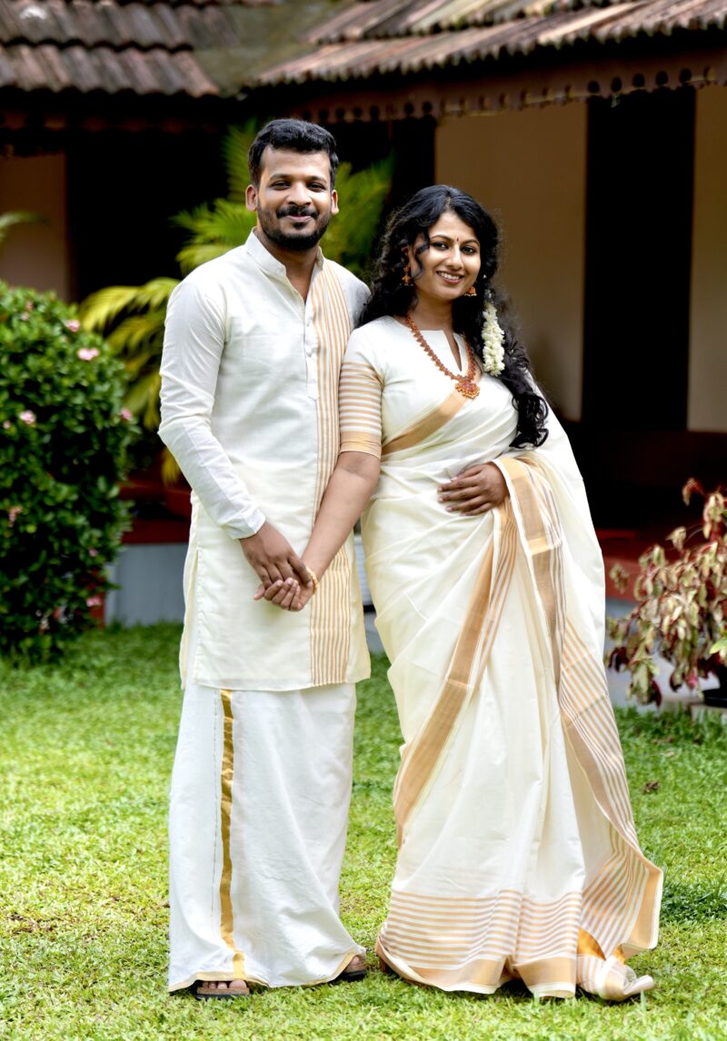 Kerala Kasavu Soft Cotton Saree and Men’s Kasavu Striped Kurta
