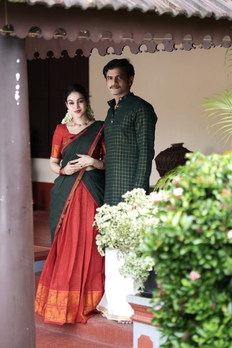 Sungudi Dhavani Set and Men’s Check Kurta