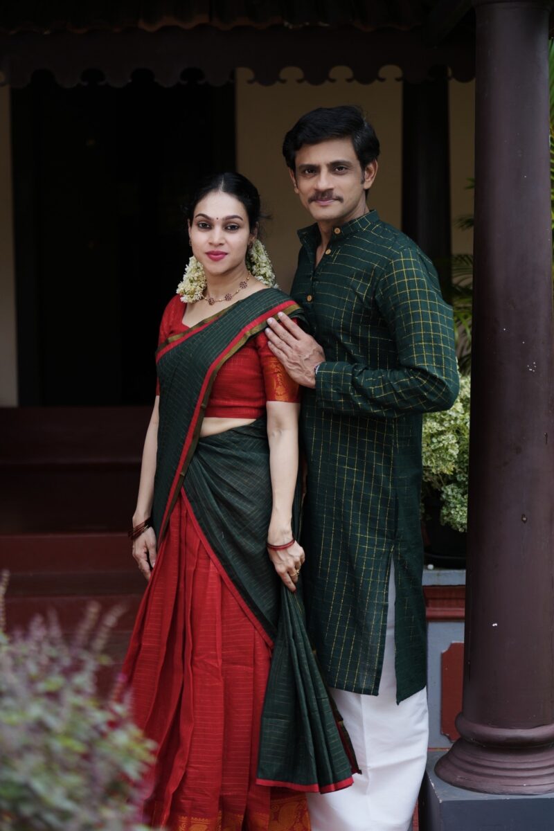 Sungudi Dhavani Set and Men’s Check Kurta