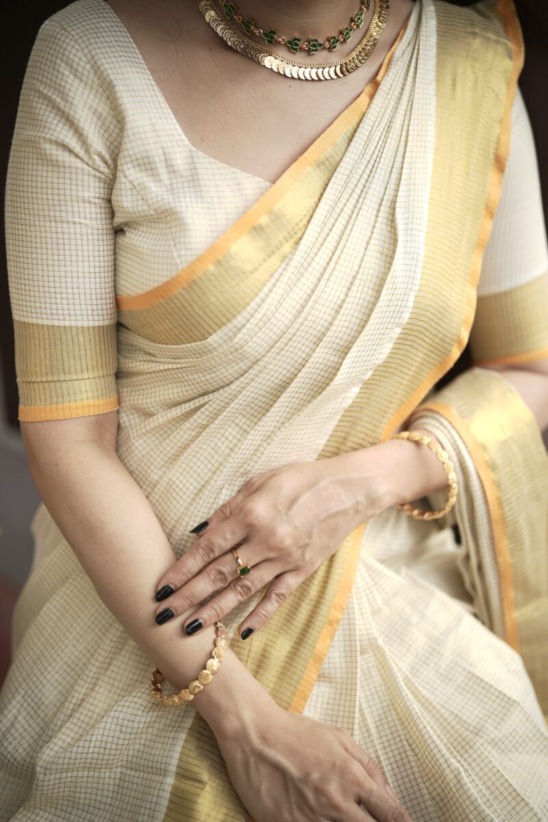 Kerala Kasavu micro check power loom Saree and Men’s Kasavu Kurta  with Baby boy kurta and Baby girl skirt and top