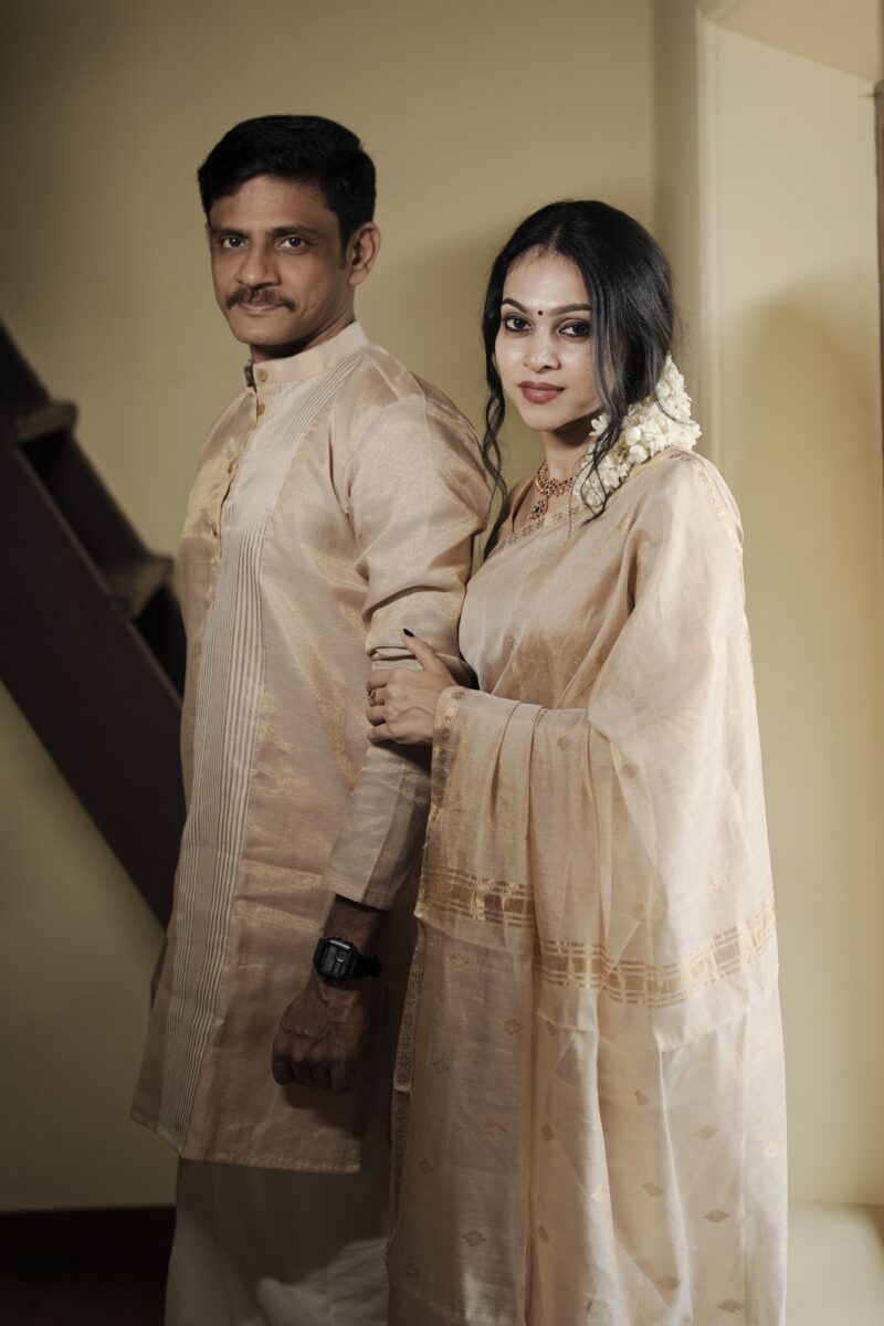 Maheshwari soft tissue silk saree and Men’s tissue silk Kurta