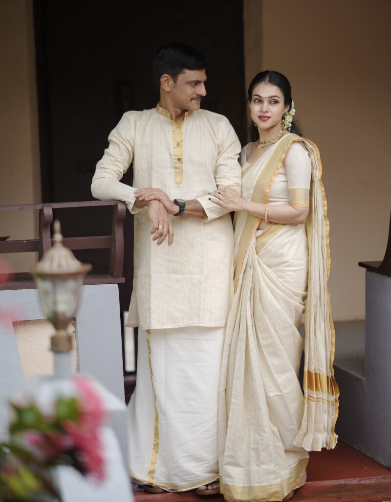 Kerala Kasavu micro check power loom Saree and Men’s Kasavu Kurta  with Baby boy kurta and Baby girl skirt and top
