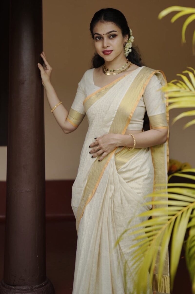 Kerala Kasavu Micro Check Power Loom Saree