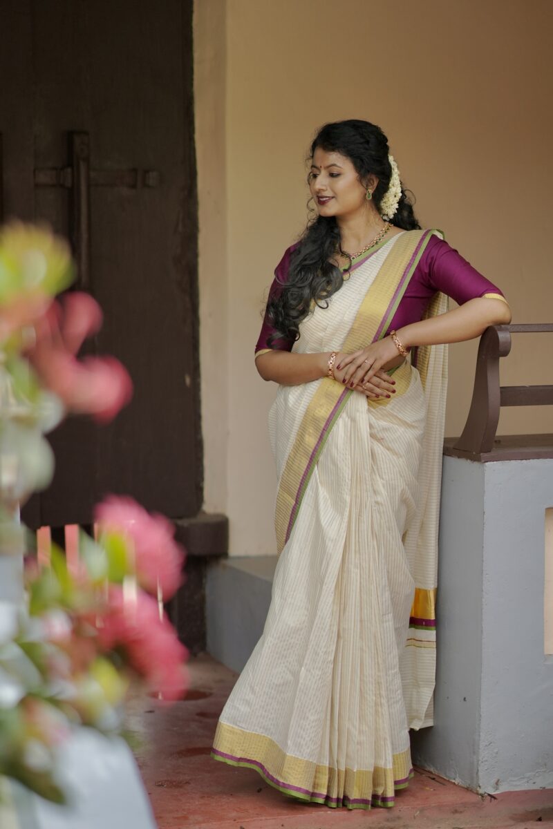 Kerala Kasavu Stripes Power Loom Saree