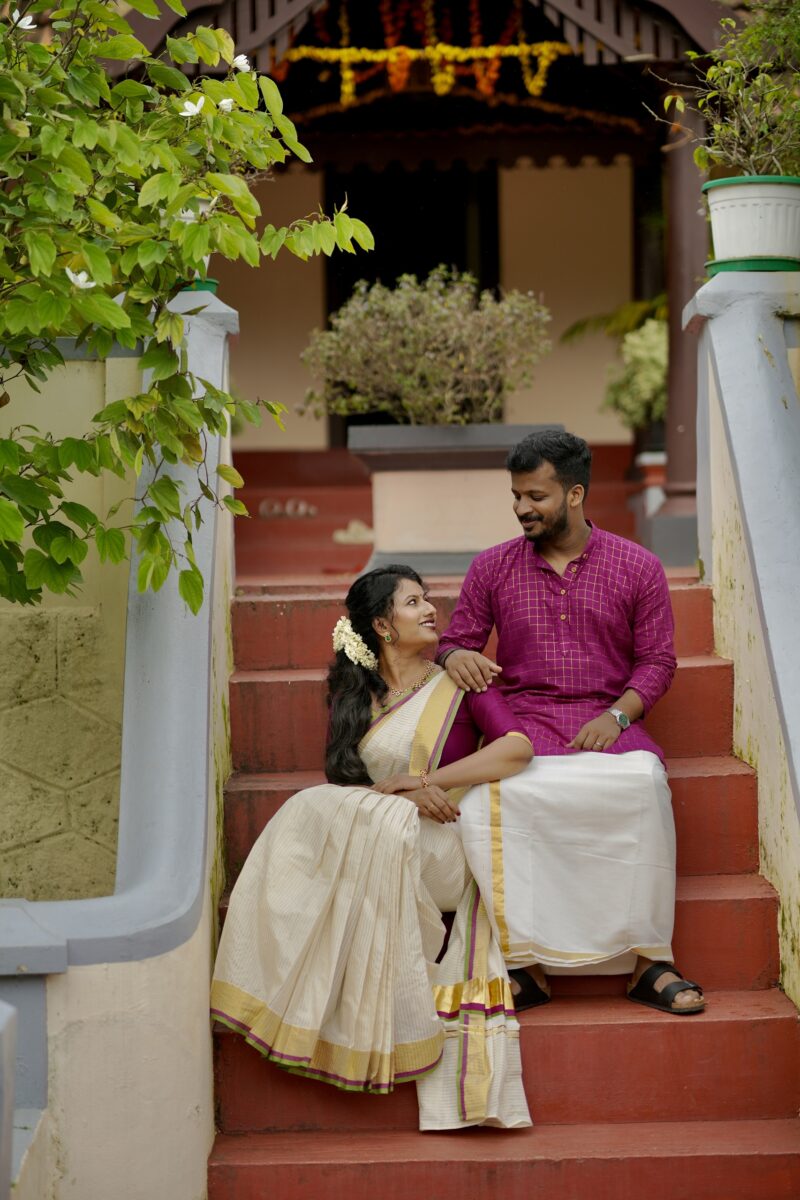 Kerala Kasavu Stripes Power Loom Saree and Men’s Checked Kurta