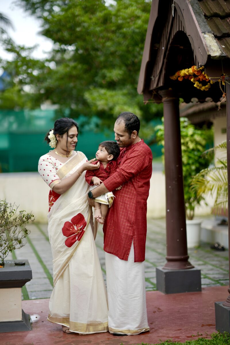 Kerala Kasavu Embroidery Saree With Men’s and Baby Boy’s Cotton Lurex Check Kurta