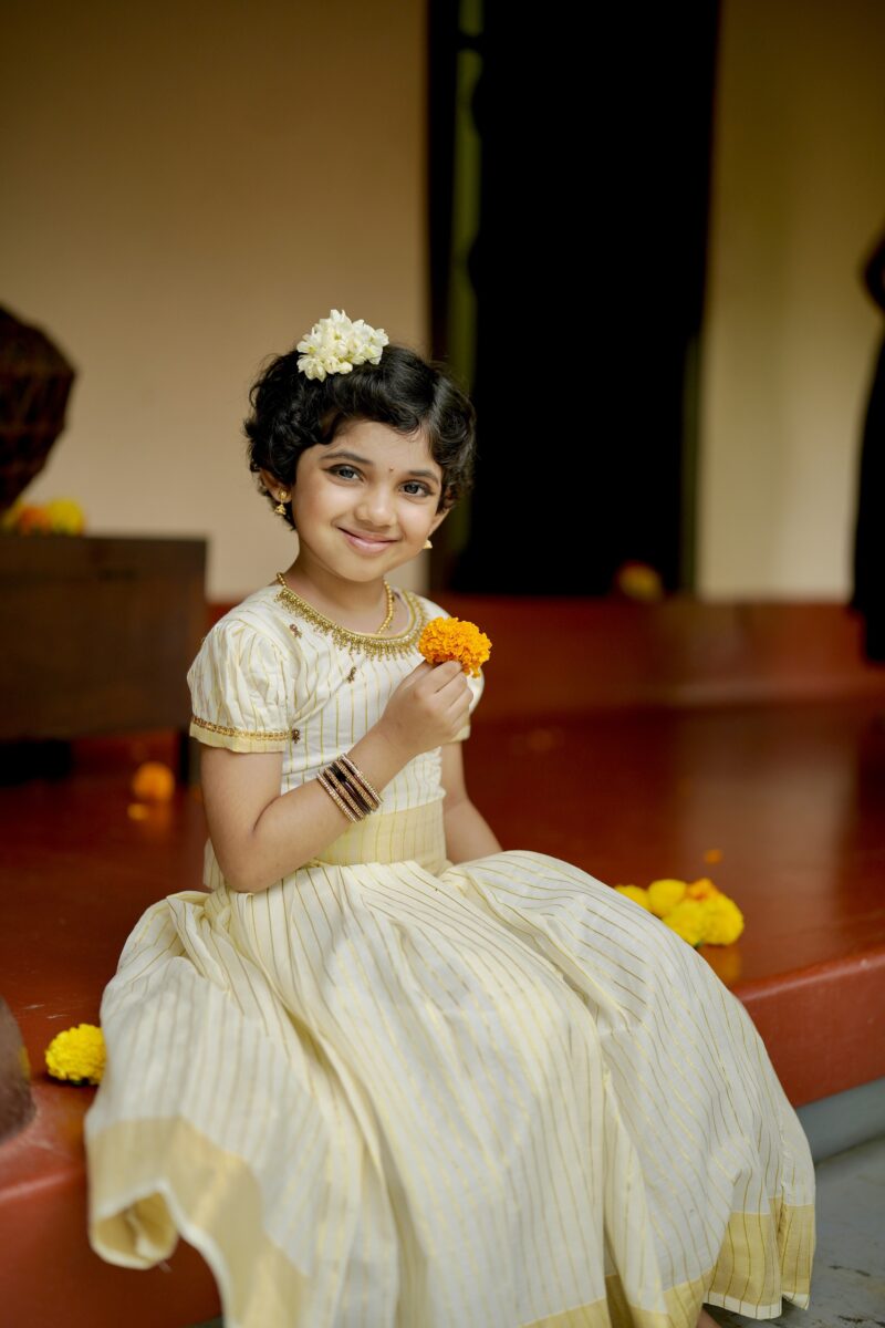 Baby girl's powerloom soft cotton kerala kasavu skirt with handwork top