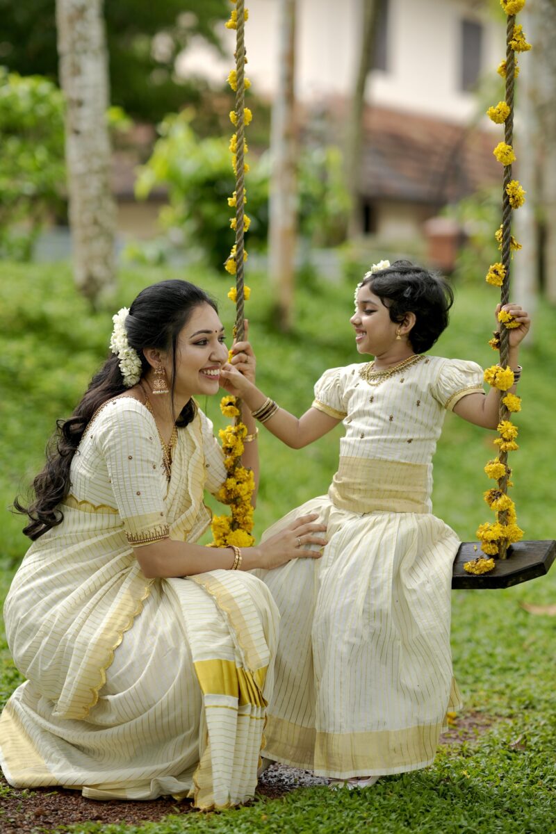 Kasavu soft cotton saree with hand work blouse and Baby Girl’s skirt and top with hand work