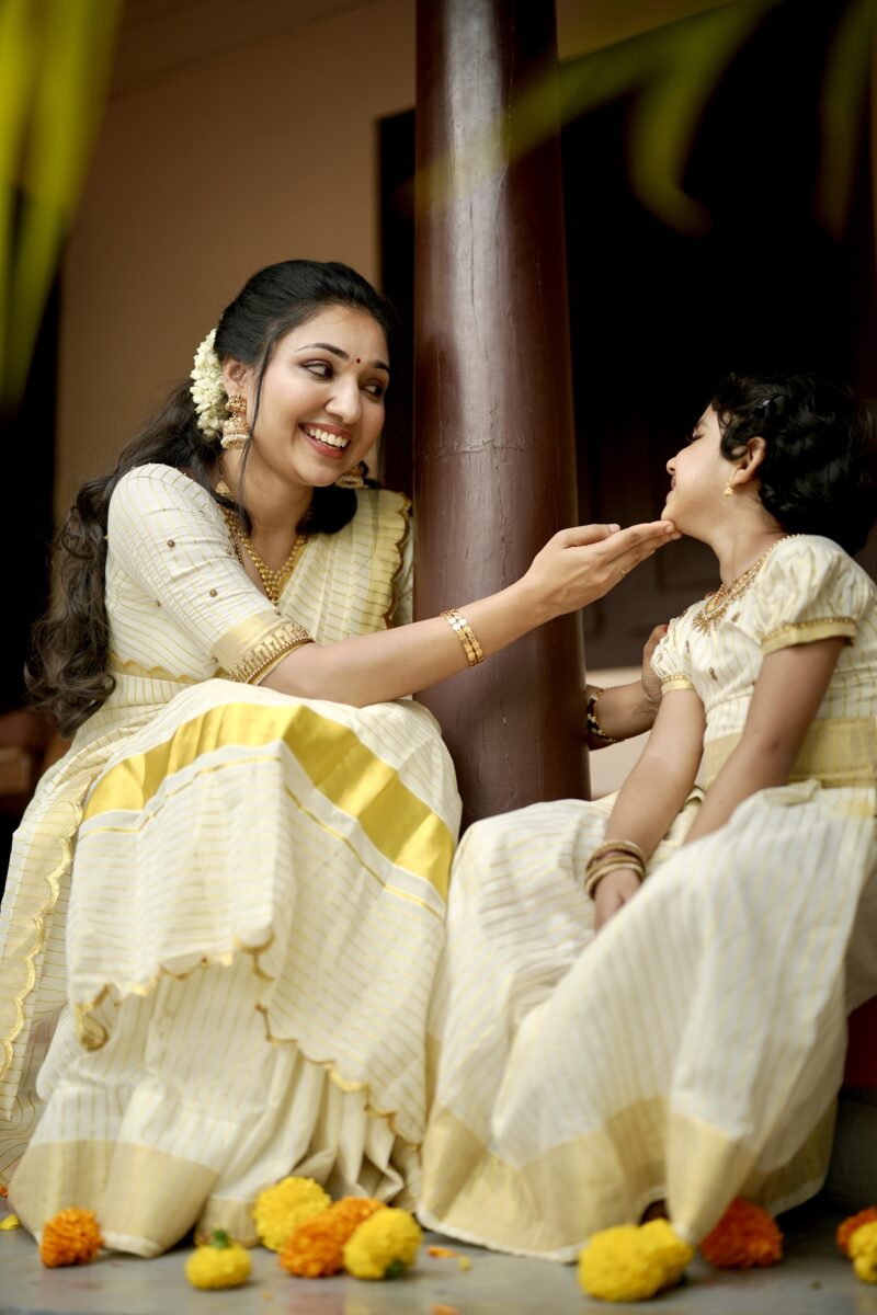 Kasavu soft cotton saree with hand work blouse and Baby Girl’s skirt and top with hand work