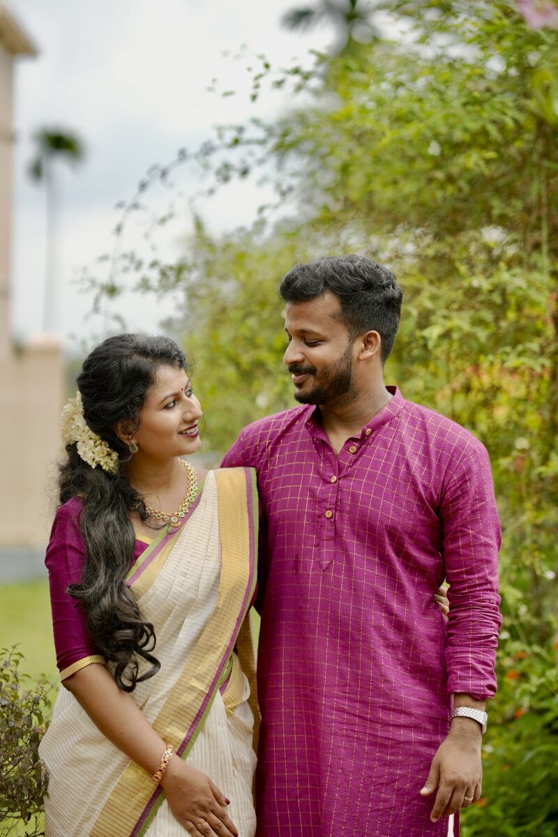 Kerala Kasavu Stripes Power Loom Saree and Men’s Checked Kurta