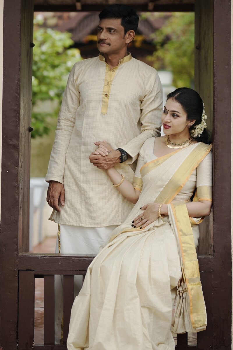Kerala Kasavu micro check power loom Saree and Men’s Kasavu Kurta  with Baby boy kurta and Baby girl skirt and top