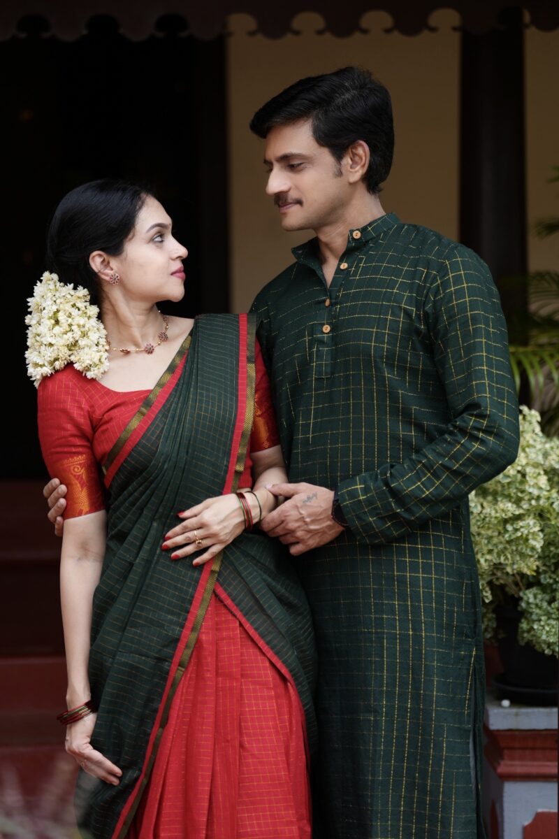Sungudi Dhavani Set and Men’s Check Kurta