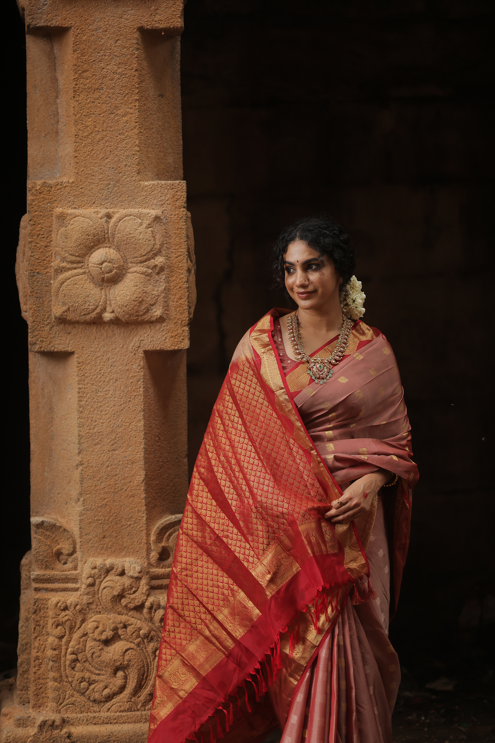 Peach and Red Kanchipuram Silk Saree