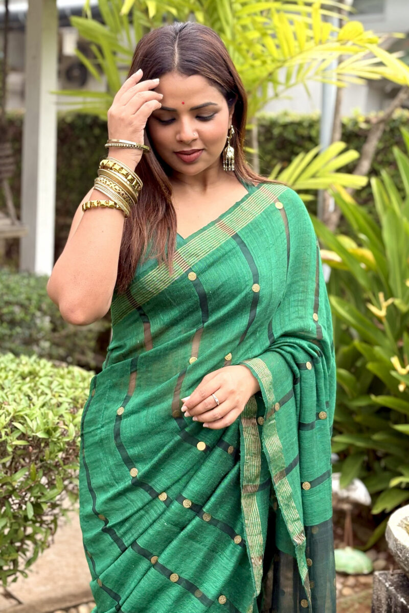 Matka muslin gini silk saree - Green
